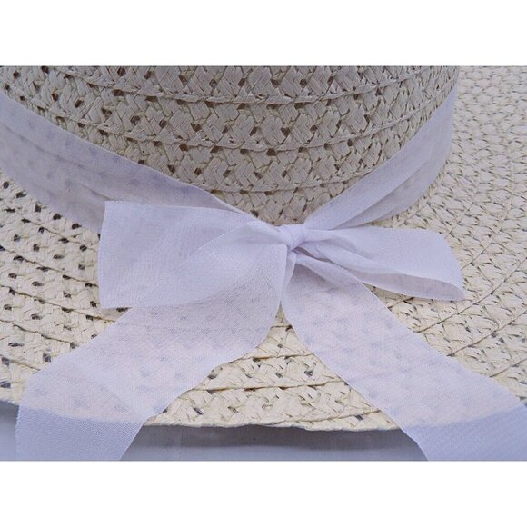 Tan Wide Floppy Brim Beach Garden Paper Straw Hat White Removable Bow Womens OSF - Picture 8 of 8